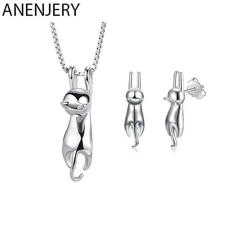 Cute Cat Jewelry Set Necklace And Earrings