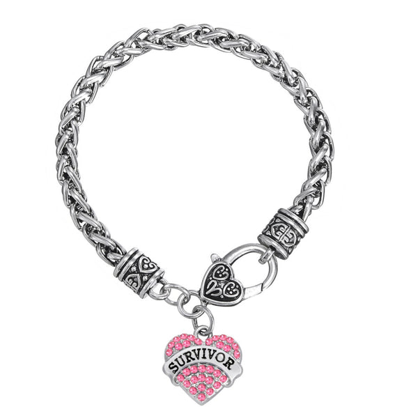 Survivor Breast Cancer Pink Ribbon Crystal Heart Bracelet Jewelry