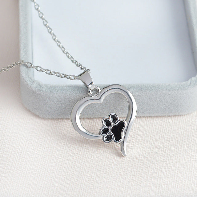 Silver Crystal Animal Pet Necklaces  Paw Print Heart Shape Pendant Necklace