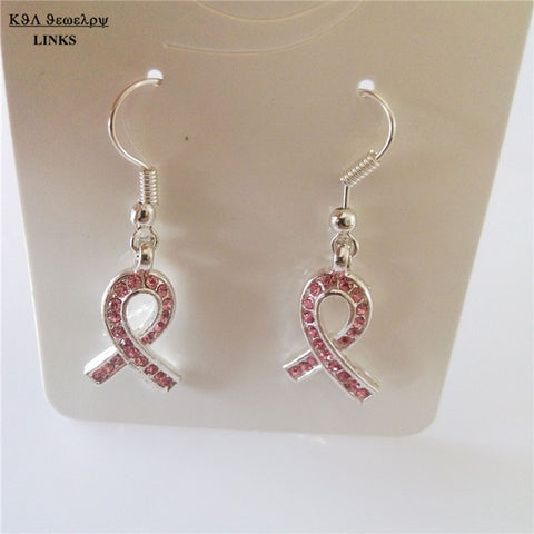 Pink rhinestone paved silver ribbon pendant earring